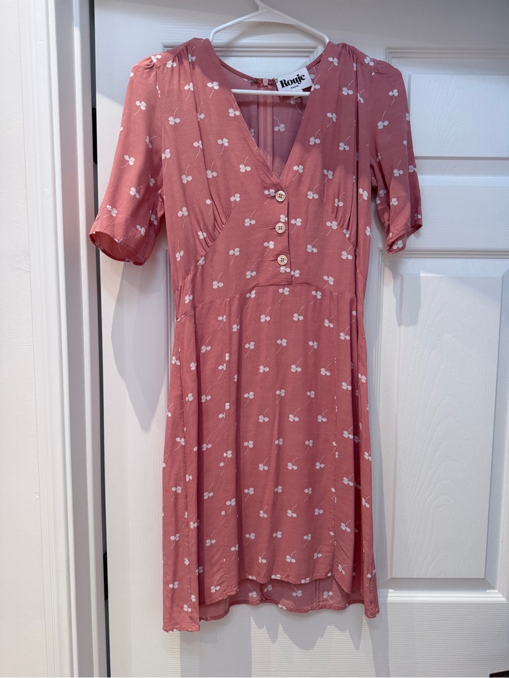 Rouje Dusty Rose Cherry-Print Buttoned Tea Dress